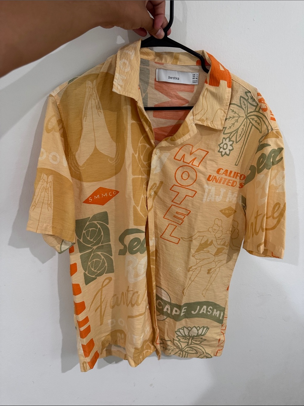 Bershka Beige Short Sleeve Button-Down with Orange and Green Graphics